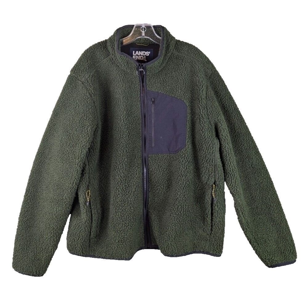 Lands End Fleece Jacket Men's Size XL 46-48‎ Zip Up Green Pile Mock Neck Outdoor